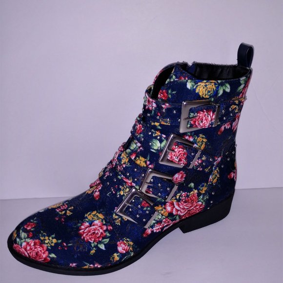 Qupid Rose Print Blue Denim Ankle Boots Buckles 5.5 - 10 - Picture 2 of 11